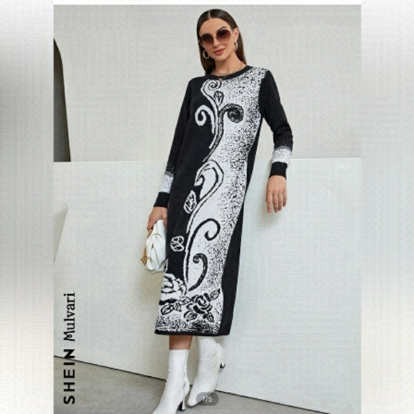 SHEIN Dresses & Skirts - Mulvari Floral Pattern Colour block White Black Sweater Dress Sz M NWOT